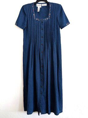 KARIN STEVENS Dress S Blue Long Denim Embroidered Pleated Tie Prairie
